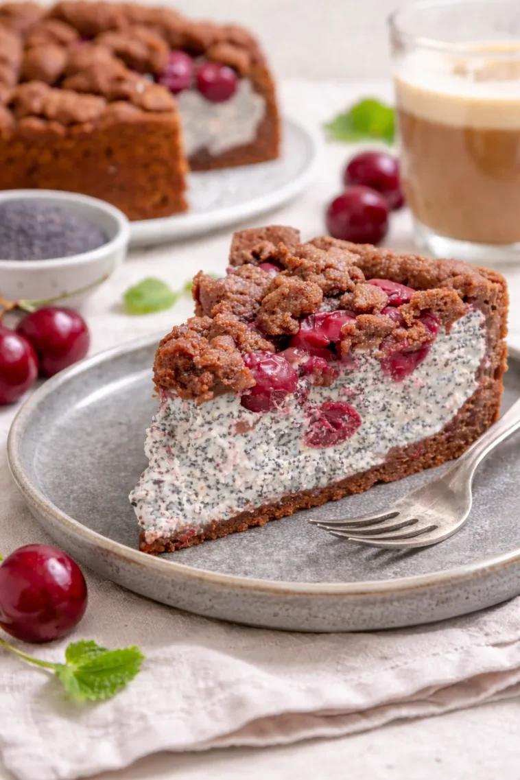 Schoko-Mohn-Kirsch-Streuselkuchen mit leckeren Streuseln