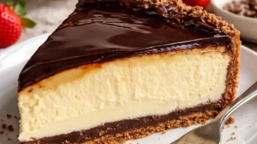 Schokoladen-Cheesecake mit Keksboden auf einem Teller serviert