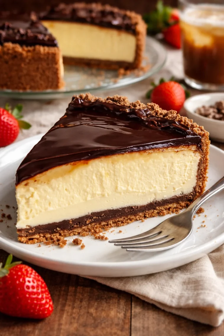 Schokoladen-Cheesecake mit Keksboden auf einem Teller serviert