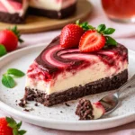 Schokoladen-Erdbeer-Wirbel-Käsekuchen mit Ganache-Belag auf einem Teller