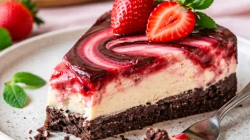 Schokoladen-Erdbeer-Wirbel-Käsekuchen mit Ganache-Belag auf einem Teller
