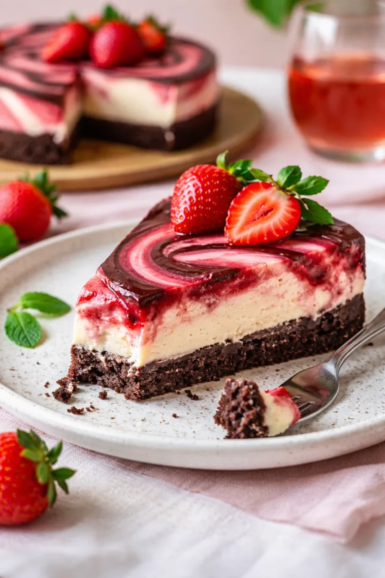 Schokoladen-Erdbeer-Wirbel-Käsekuchen mit Ganache-Belag auf einem Teller