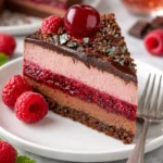 Schokoladen-Himbeer-Mousse-Torte mit frischen Himbeeren und Schokoladenglasur