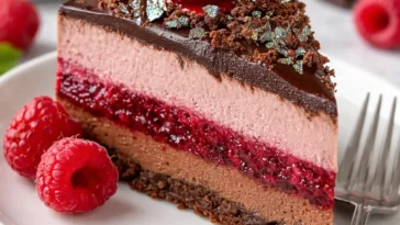 Schokoladen-Himbeer-Mousse-Torte mit frischen Himbeeren und Schokoladenglasur