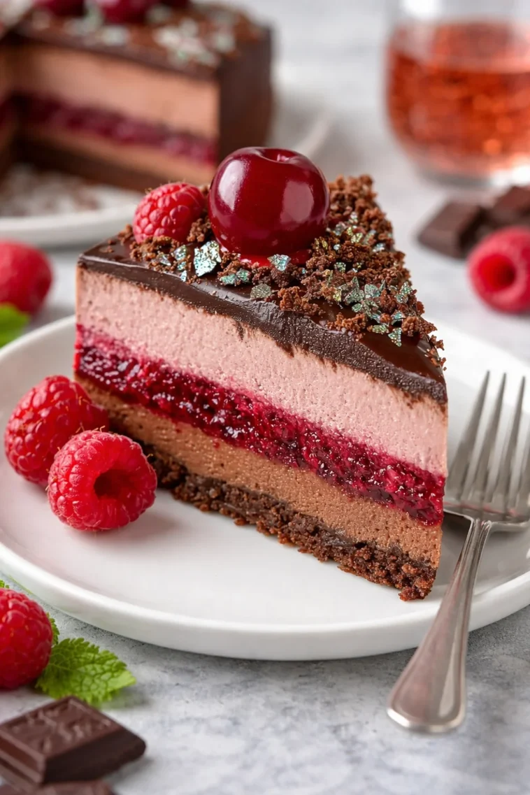 Schokoladen-Himbeer-Mousse-Torte mit frischen Himbeeren und Schokoladenglasur