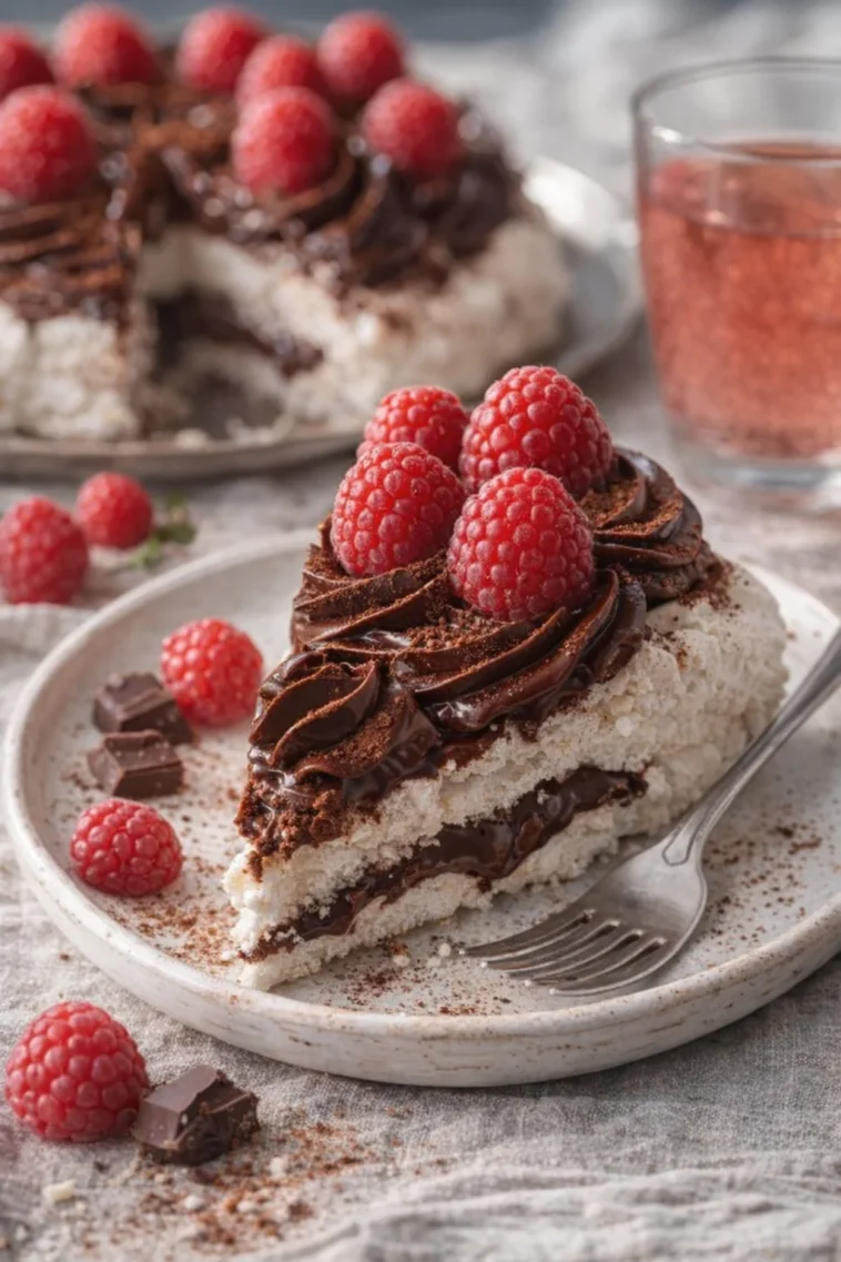 Schokoladen-Himbeer-Pavlova mit frischen Himbeeren und Schokoladensauce