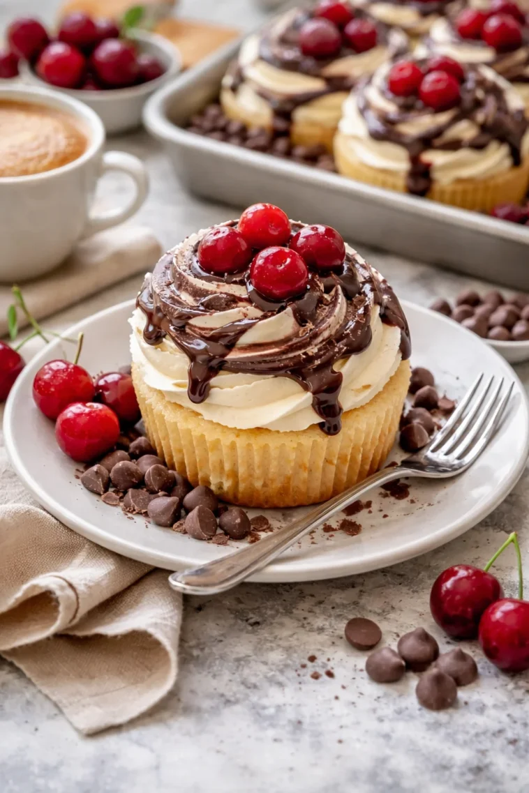 Leckere Schokoladen-Kirsch-Röllchen auf einem Teller.