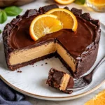 Schokoladen-Orange-Cheesecake-Layer-Kuchen auf einem Teller serviert