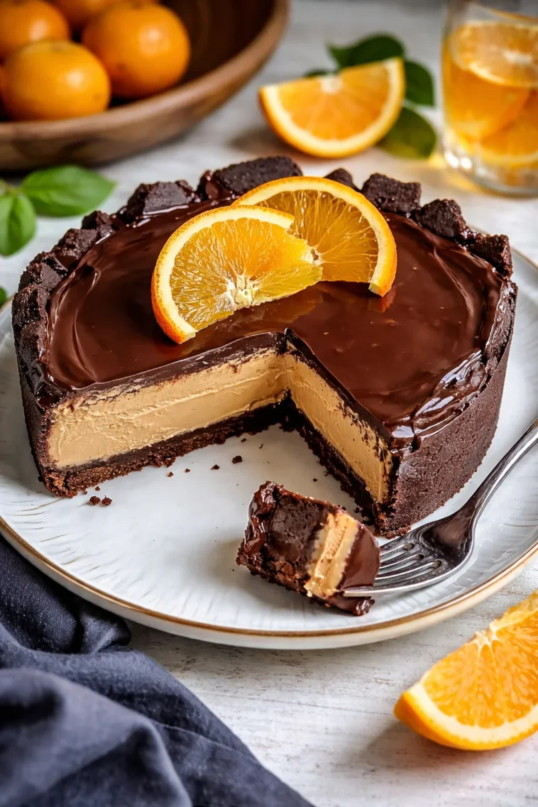 Schokoladen-Orange-Cheesecake-Layer-Kuchen auf einem Teller serviert