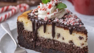 Schokoladen-Pfefferminz-Käsekuchen-Brownie auf einem Teller präsentiert