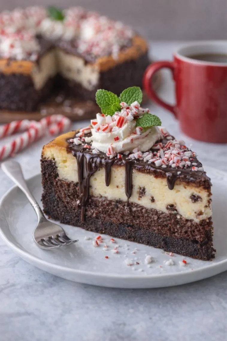 Schokoladen-Pfefferminz-Käsekuchen-Brownie auf einem Teller präsentiert