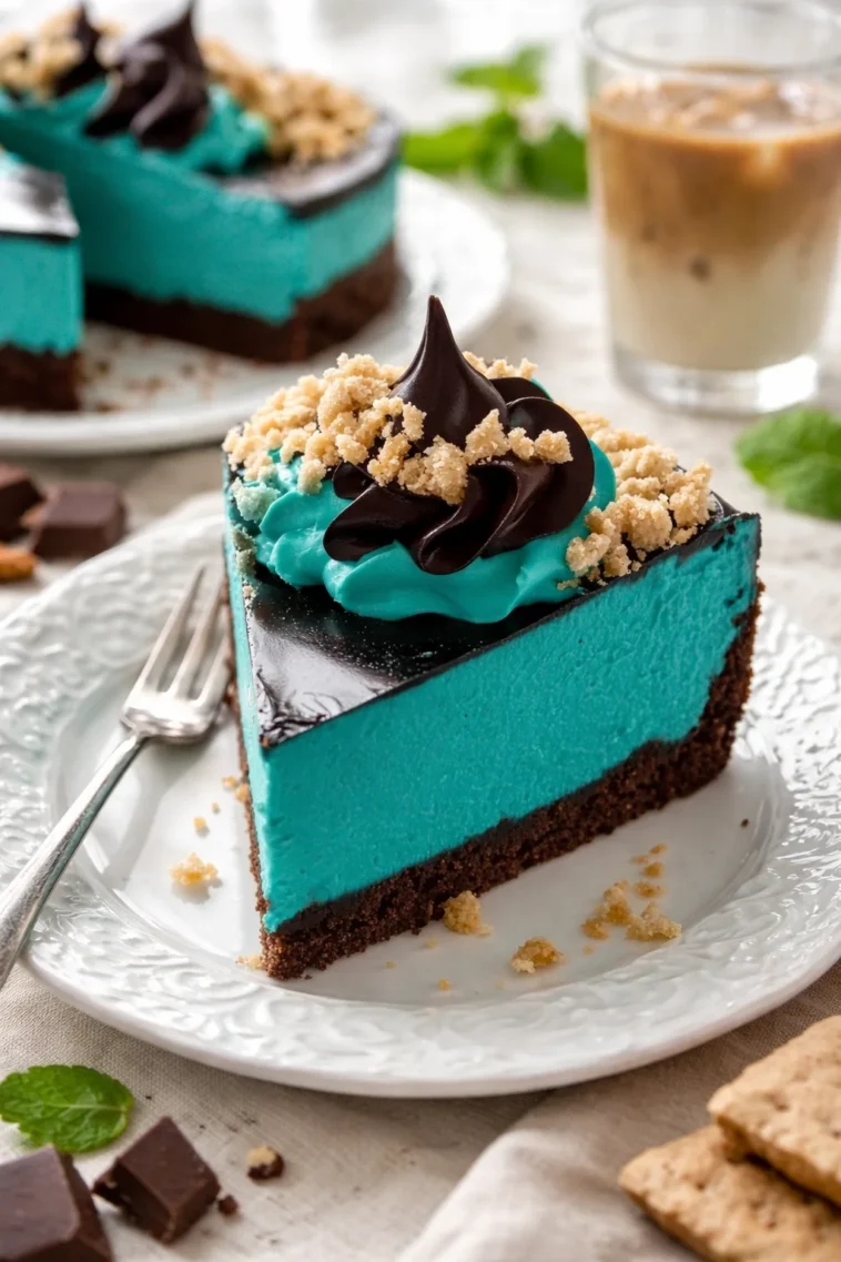 Leckere Schokoladenkekse Blondie und sahniger Käsekuchen auf einem Teller.