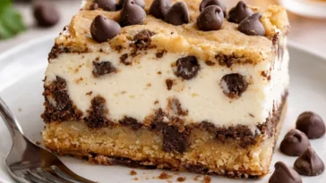 Schokoladenkekskäsekuchen mit Schokoladenglasur und Kekskrümeln dekoriert.