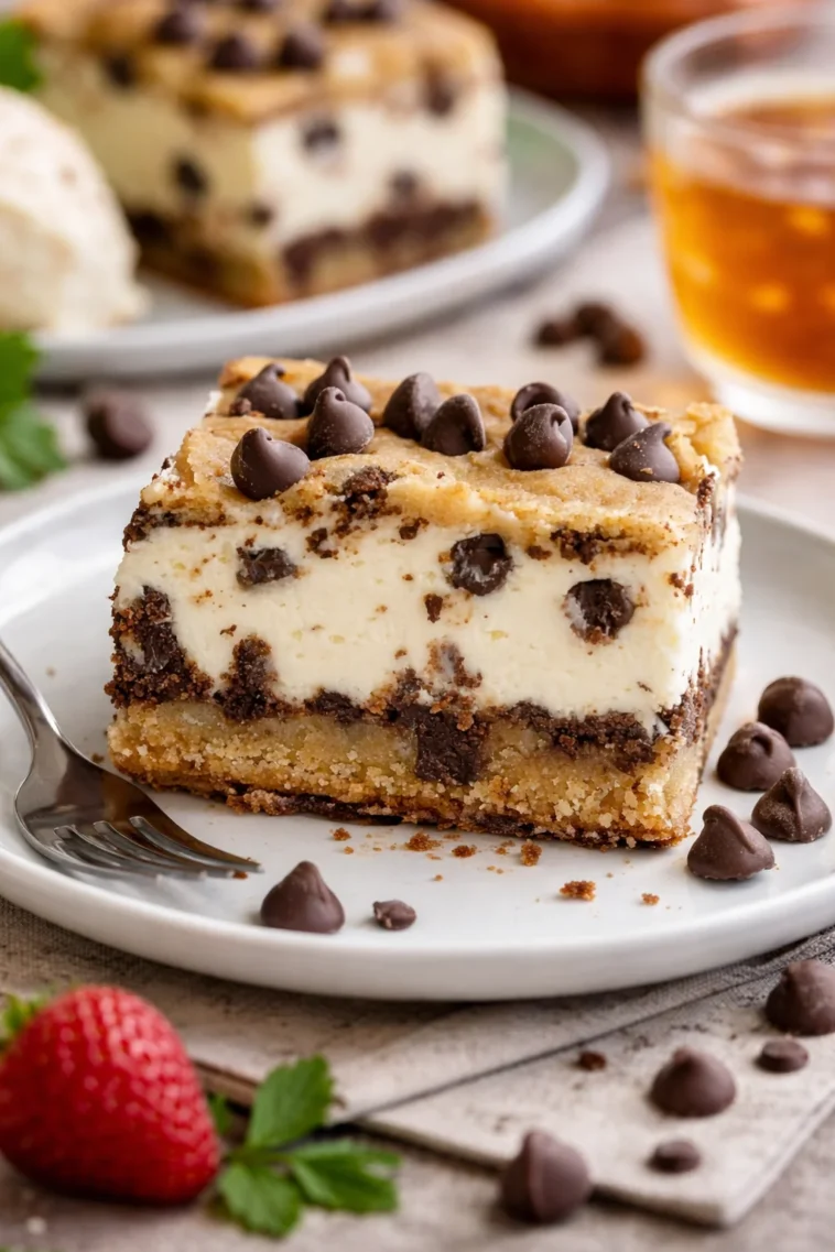 Schokoladenkekskäsekuchen mit Schokoladenglasur und Kekskrümeln dekoriert.