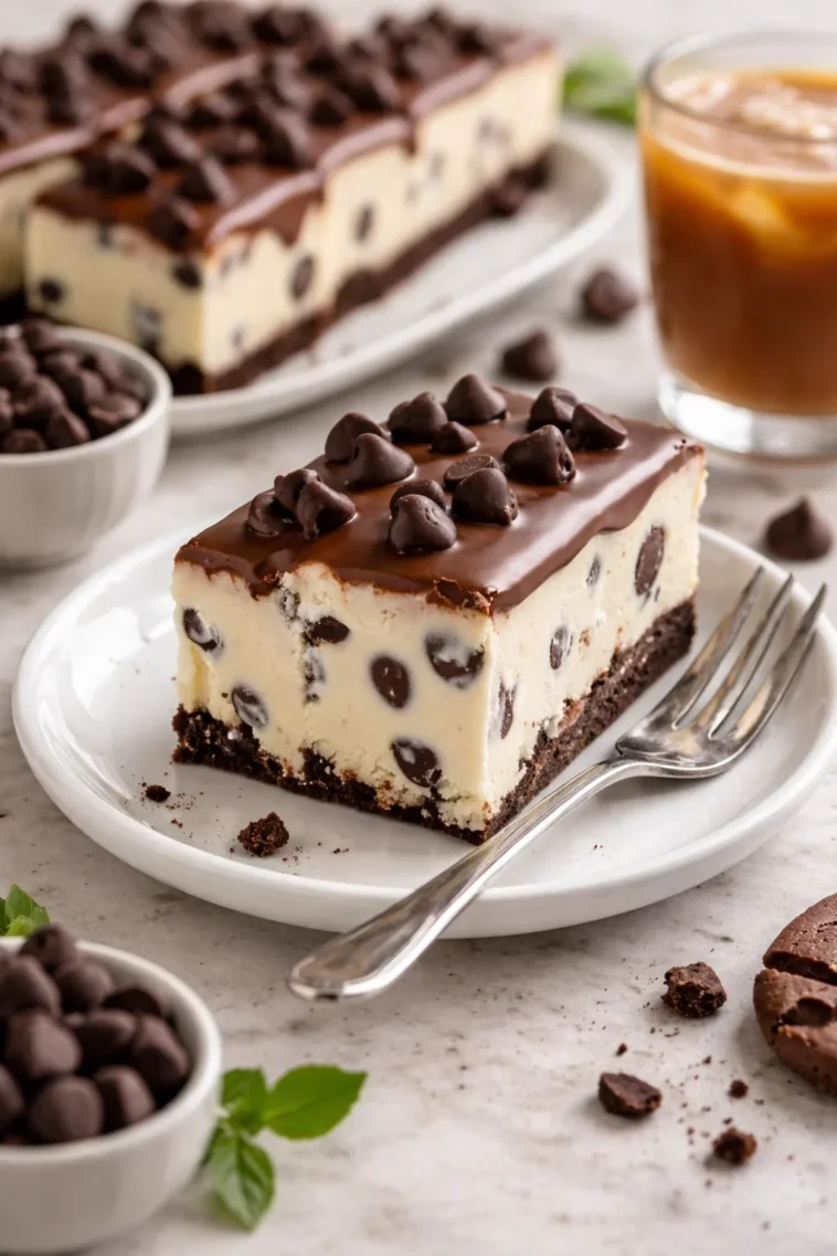 Käsekuchen-Riegel mit Schokoladenstückchen auf einem Teller serviert