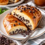 Brioche mit Vanillepudding und Schokoladenstückchen auf einem Teller.