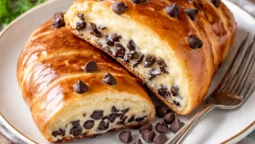 Brioche mit Vanillepudding und Schokoladenstückchen auf einem Teller.