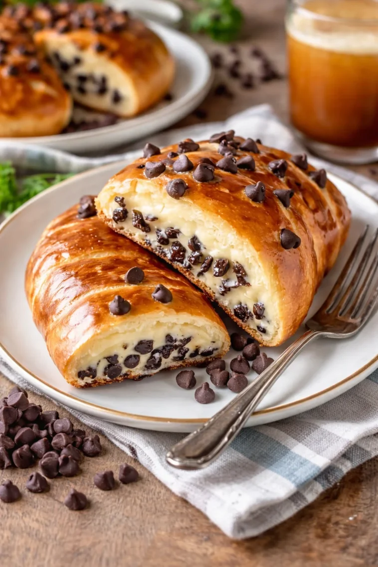 Brioche mit Vanillepudding und Schokoladenstückchen auf einem Teller.