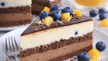 Schokomousse-Torte mit Pfirsich und Heidelbeeren auf einem weißen Teller