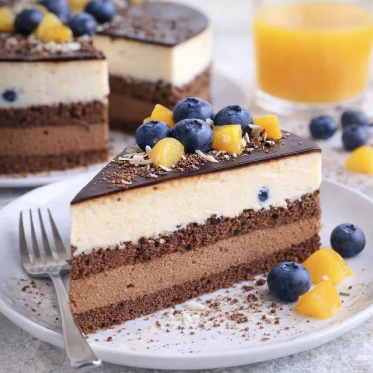 Schokomousse-Torte mit Pfirsich und Heidelbeeren auf einem weißen Teller
