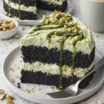 Schwarzer Kakaokuchen mit Pistazien-Mascarpone-Creme auf einem Teller