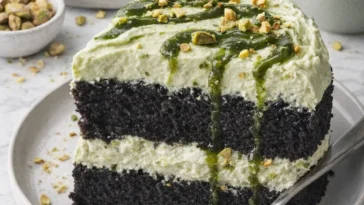 Schwarzer Kakaokuchen mit Pistazien-Mascarpone-Creme auf einem Teller