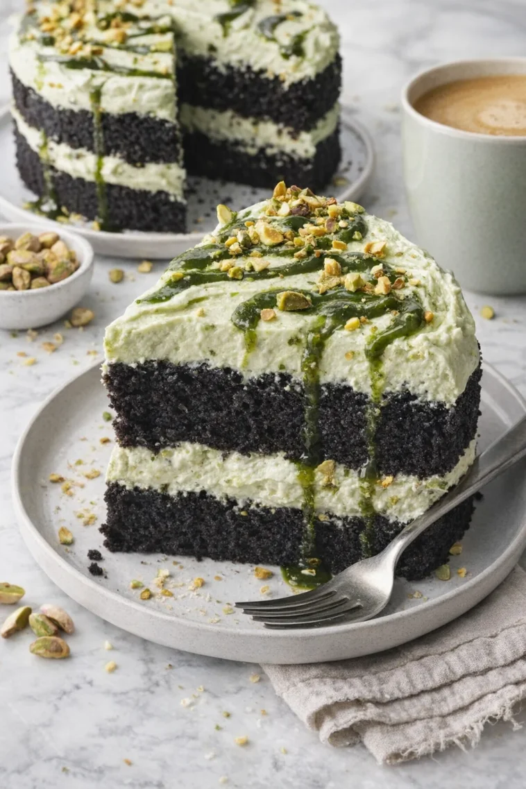 Schwarzer Kakaokuchen mit Pistazien-Mascarpone-Creme auf einem Teller