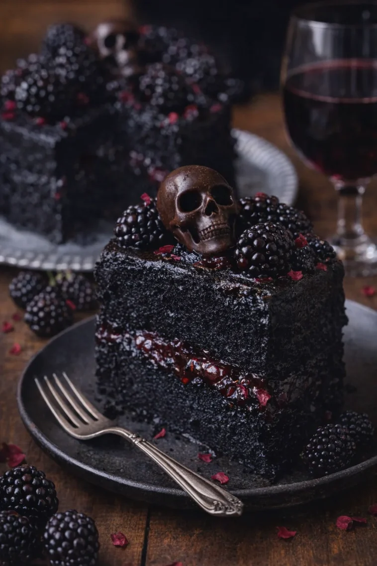 Schwarzer Samt Halloween Kuchen mit dekorativem Halloween-Motiv