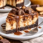 Snickers Käsekuchen mit Schokolade und Karamell auf einem Teller serviert.