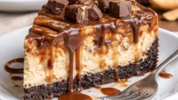 Snickers Käsekuchen mit Schokolade und Karamell auf einem Teller serviert.