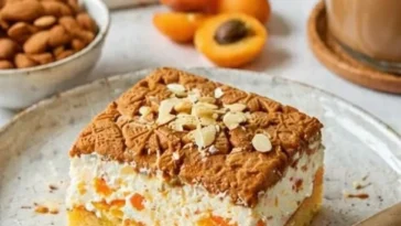 Leckerer Spekulatius Kuchen mit Quark und Mandarinen auf einem Teller