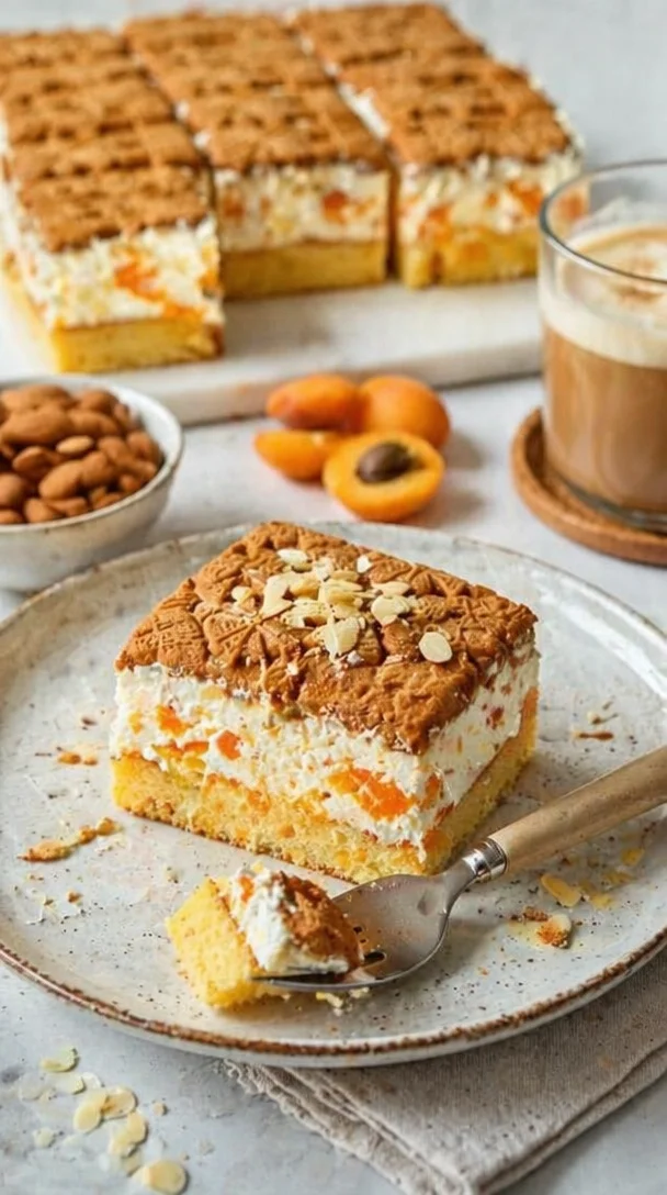 Leckerer Spekulatius Kuchen mit Quark und Mandarinen auf einem Teller