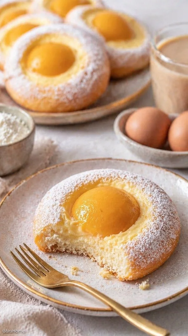 Leckere Spiegeleier Pudding Teilchen auf einem weißen Teller
