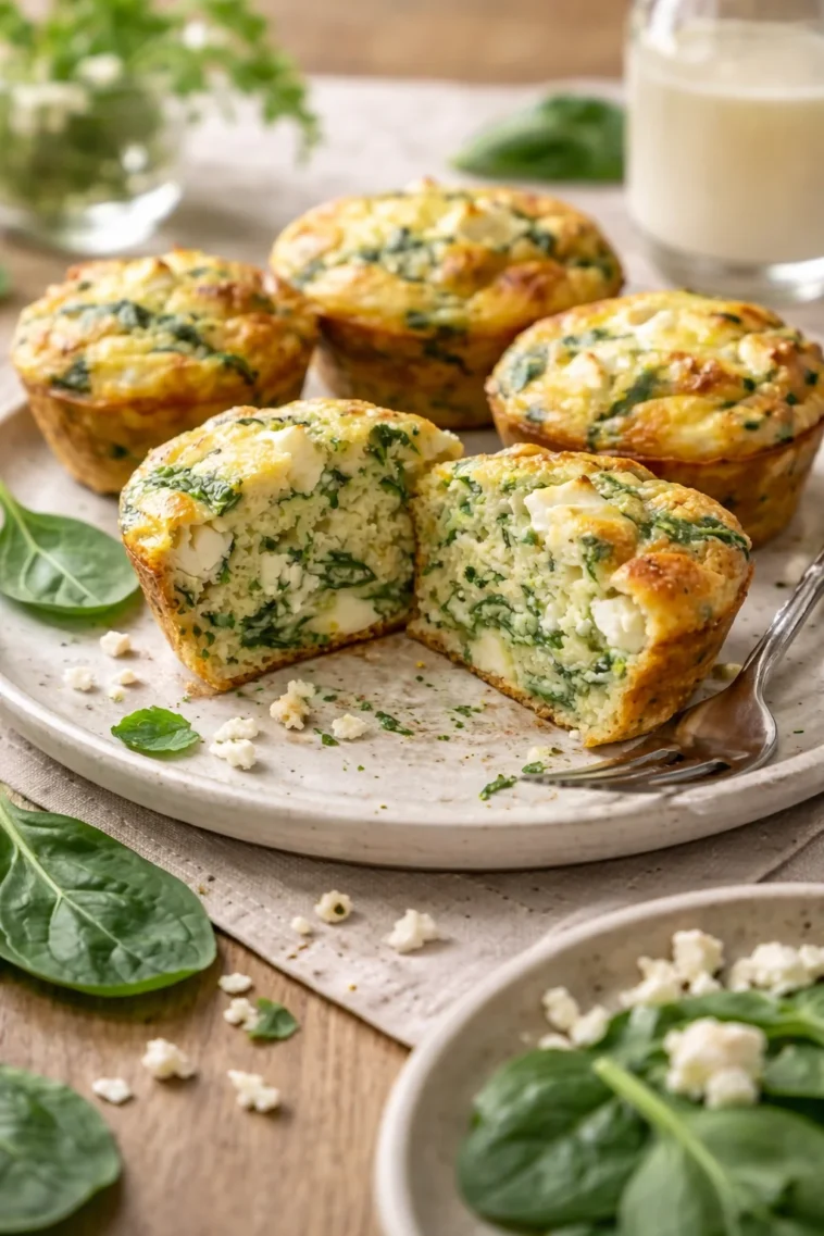 Leckere Spinat-Feta-Muffins auf einem Teller, gesund und proteinreich.