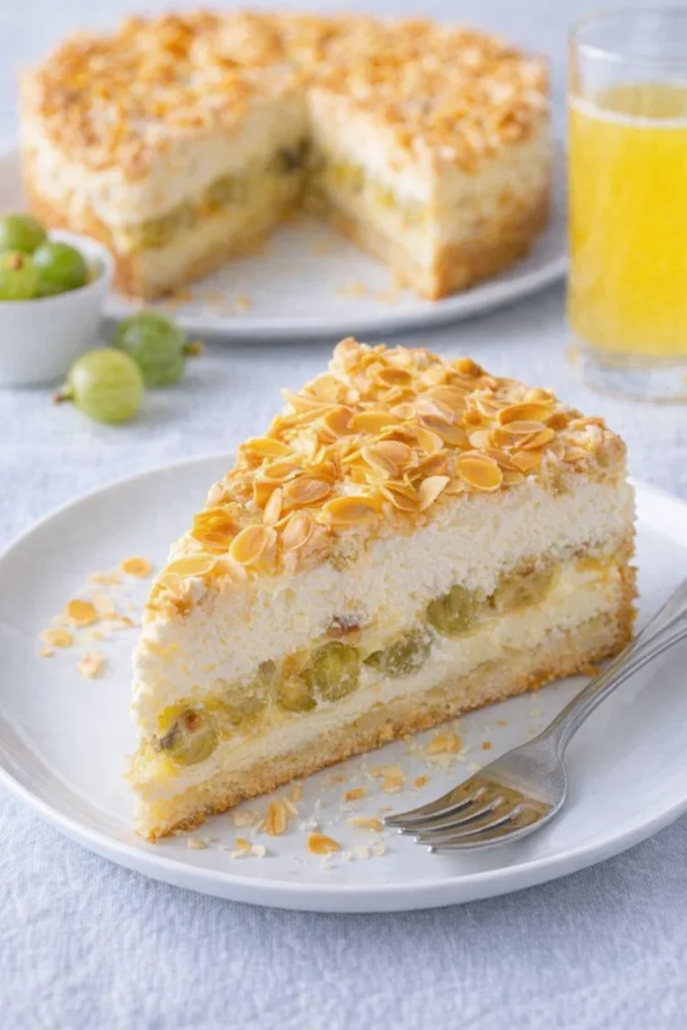 Leckere Stachelbeertorte mit frischen Stachelbeeren und Sahne