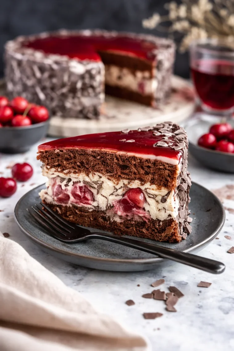 Stracciatella-Kirsch-Torte mit Schokolade und Kirschen, ideal für besondere Anlässe.
