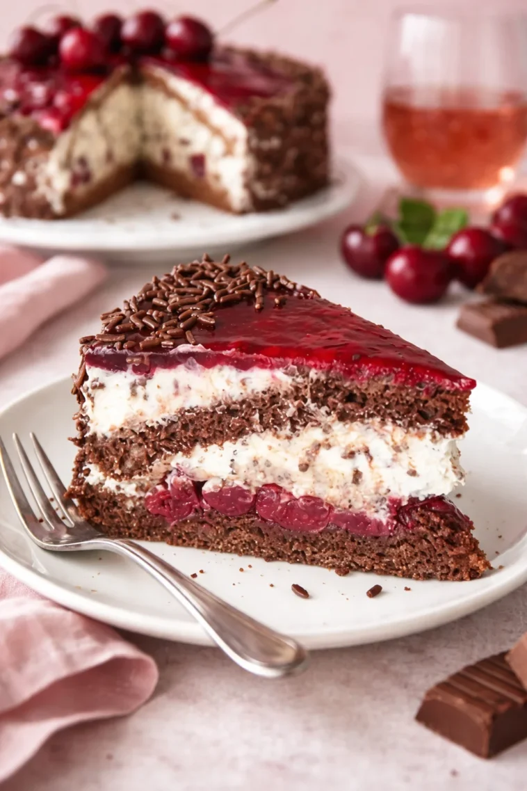 Stracciatella Kirsch Torte mit Schokoladensplittern und Kirschen
