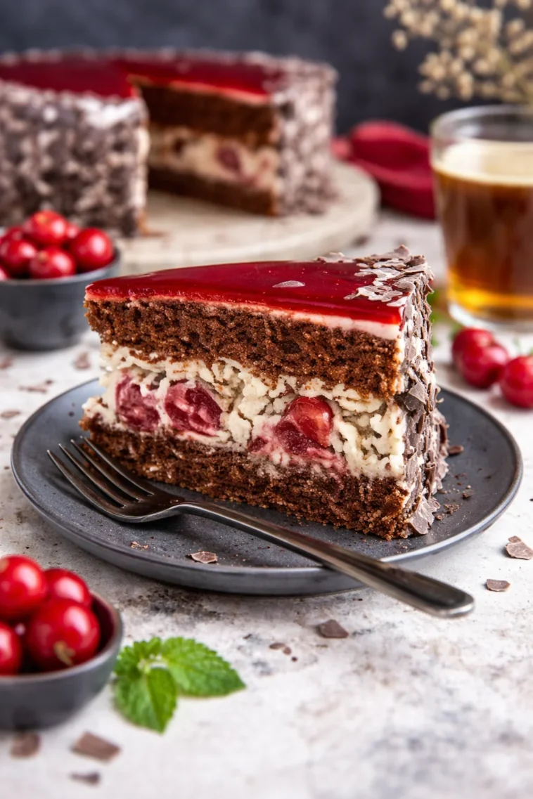 Stracciatella-Kirsch-Torte mit Schokoladenstückchen und Kirschen