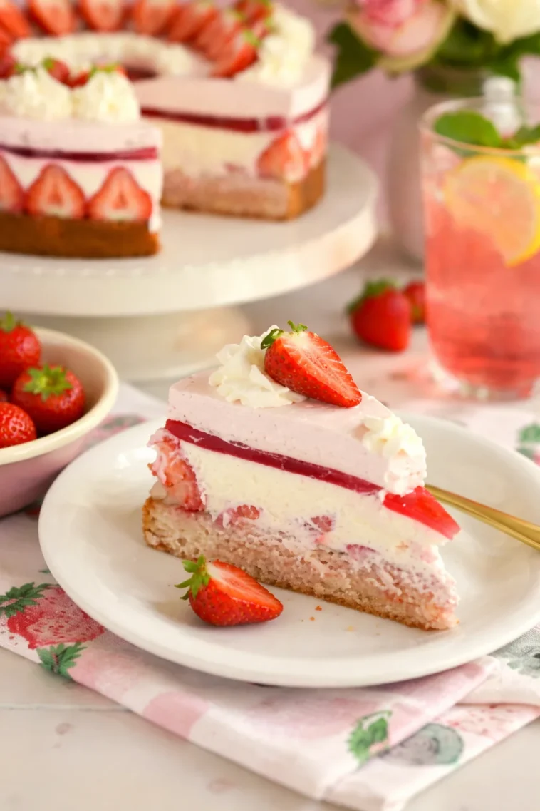 Erdbeer-Quark-Sahnetorte mit frischen Erdbeeren und Sahne