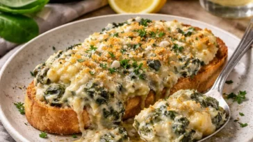 Türkischer Hackauflauf mit Feta und Joghurt, serviert auf einem Teller