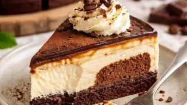 Leckeres Stück Kaffee-Mocha-Käsekuchen mit Schokoladenglasur und Kaffeebohnen