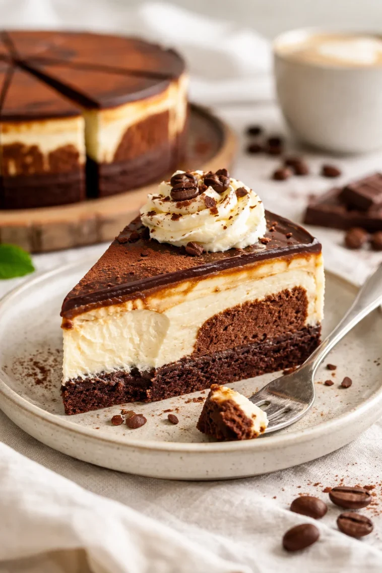 Leckeres Stück Kaffee-Mocha-Käsekuchen mit Schokoladenglasur und Kaffeebohnen