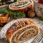 Ungarischer Beigli mit Mohn und Walnüssen auf einem festlich dekorierten Tisch.