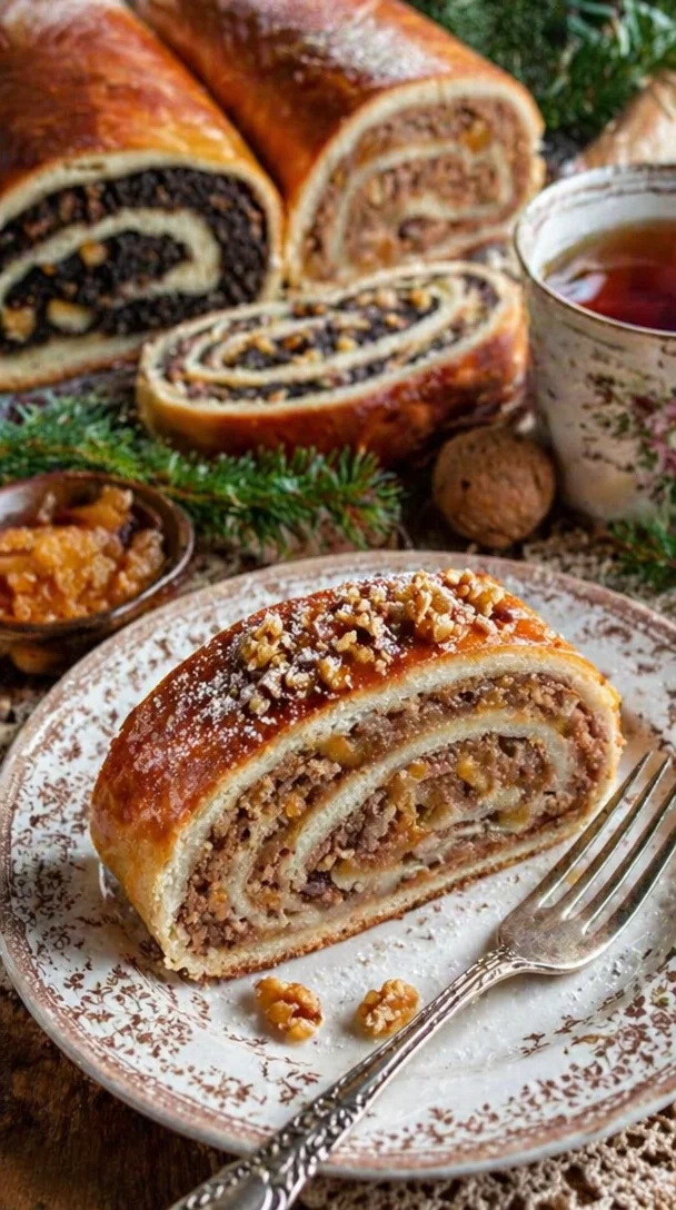 Ungarischer Beigli mit Mohn und Walnüssen auf einem festlich dekorierten Tisch.
