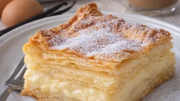 Vanillepudding-Blätterteigkuchen mit Sahne und Früchten dekoriert