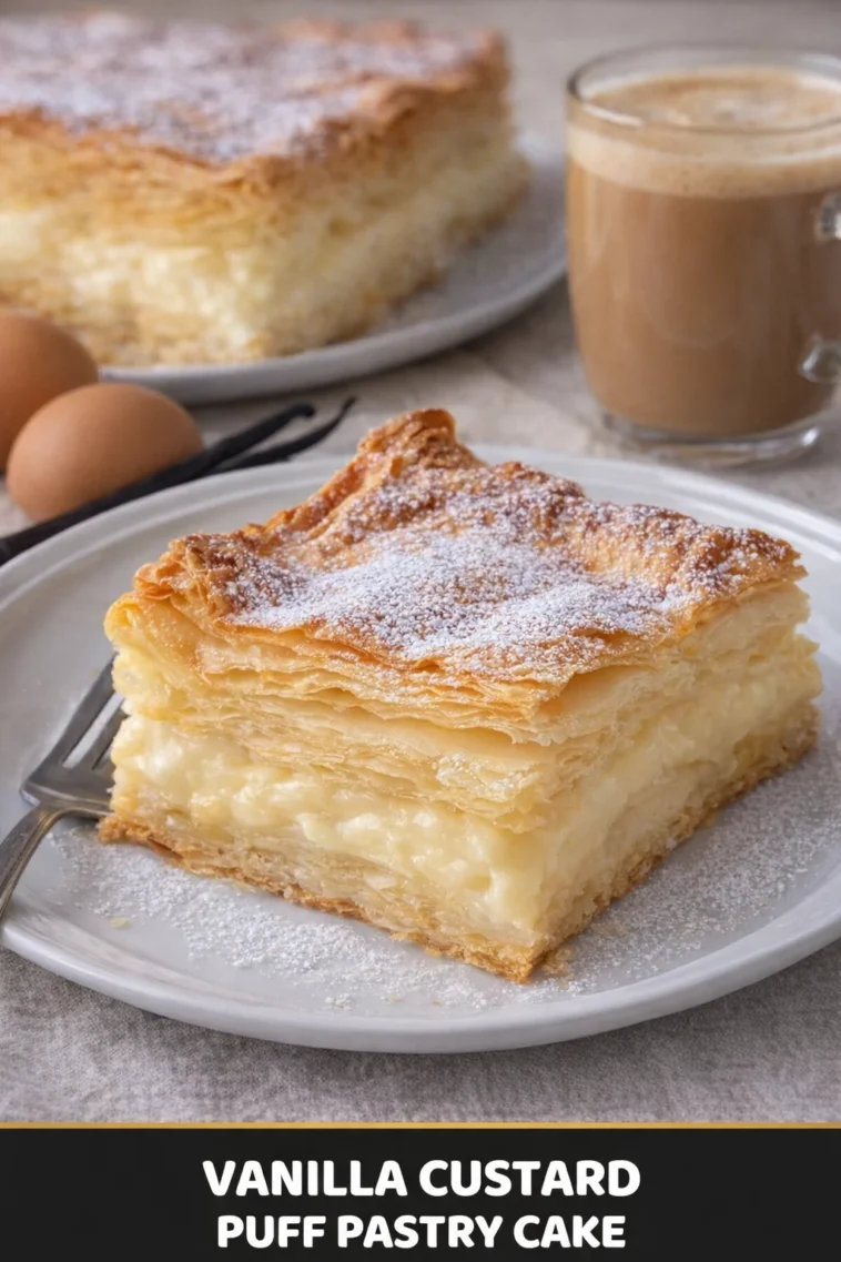Vanillepudding-Blätterteigkuchen mit Sahne und Früchten dekoriert