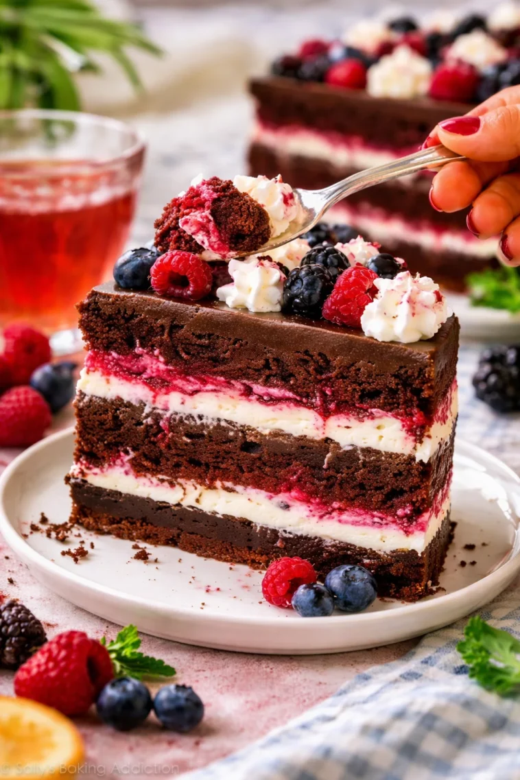 Leckere Waldfruchttorte mit frischen Beeren und Sahne