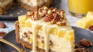 Weiße Schokolade Ananas Pekan-Käsekuchen mit dekorativen Früchten und Nüssen