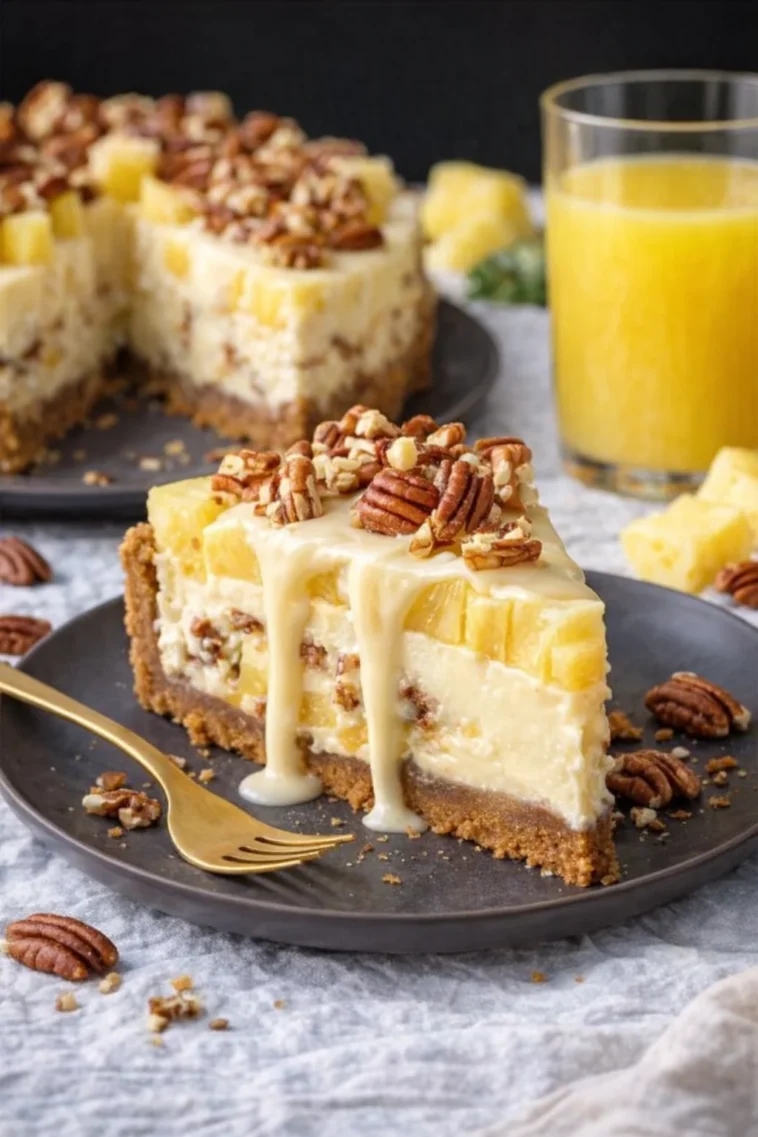 Weiße Schokolade Ananas Pekan-Käsekuchen mit dekorativen Früchten und Nüssen
