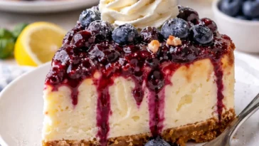 Weiße Schokolade Heidelbeer Käsekuchen mit frischen Heidelbeeren und cremiger Füllung